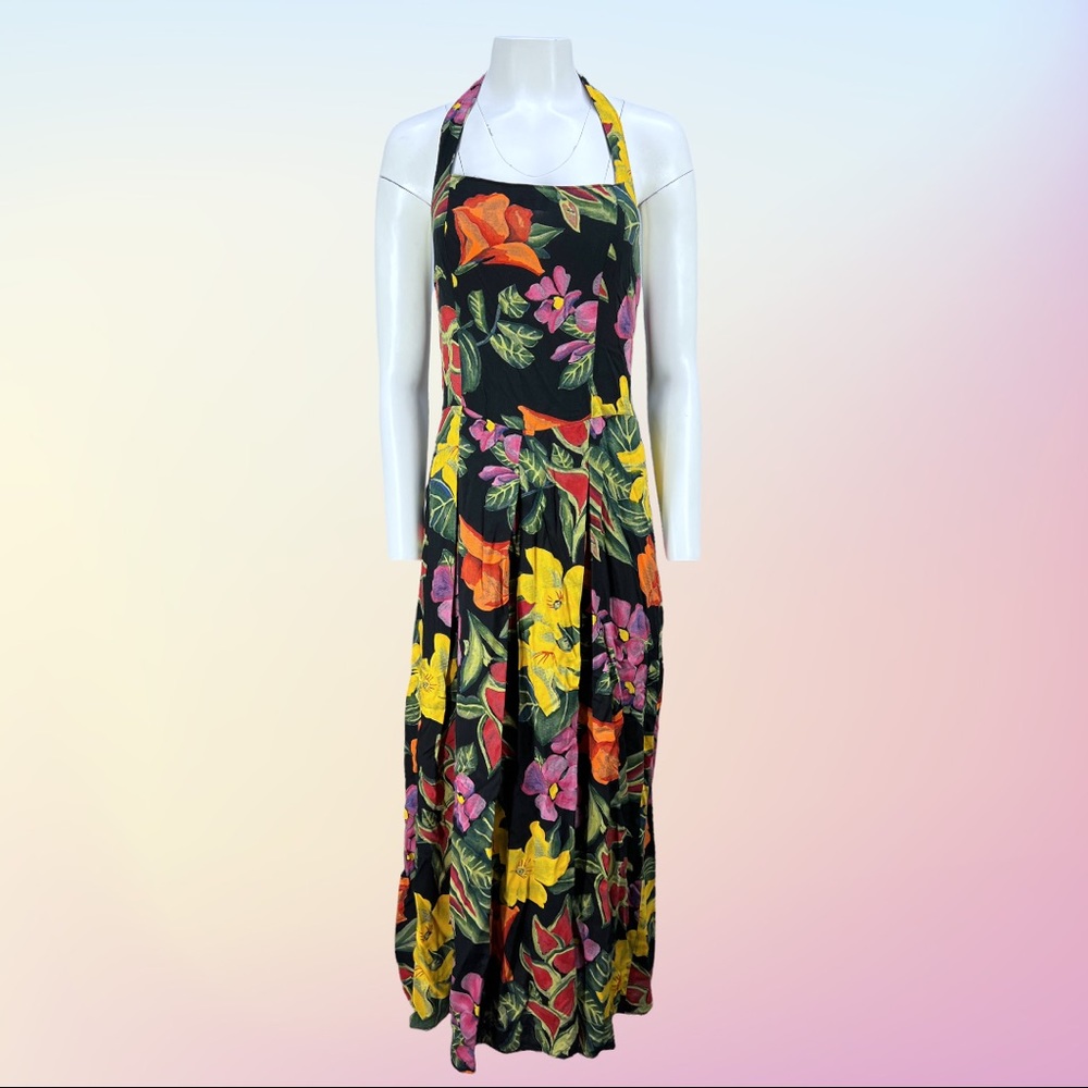 90's Floral DECKED OUT Halter Maxi Dress with Corset Tie Back Vintage Sz 14